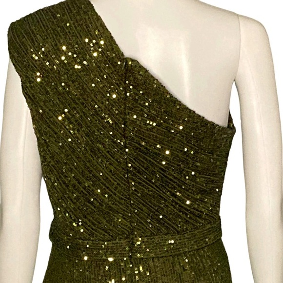 NWT Ieena for Mac Duggal 26694 Olive Sequined Ruched One Shoulder Gown - Sz 8 - Picture 8 of 12